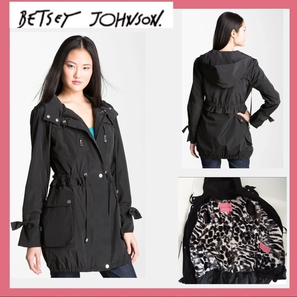 Betsey Johnson Black Ruffled Anorak Hooded Jacket